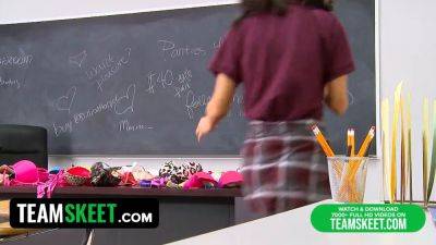 Hot teen gets drenched in cum on classroom desk - sexu.com