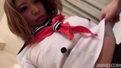 Aya Sakuraba in a school uniform bends over so that her sweet tight teen pussy can be speared and ridden hard - Ferame - hotmovs.com - Japan